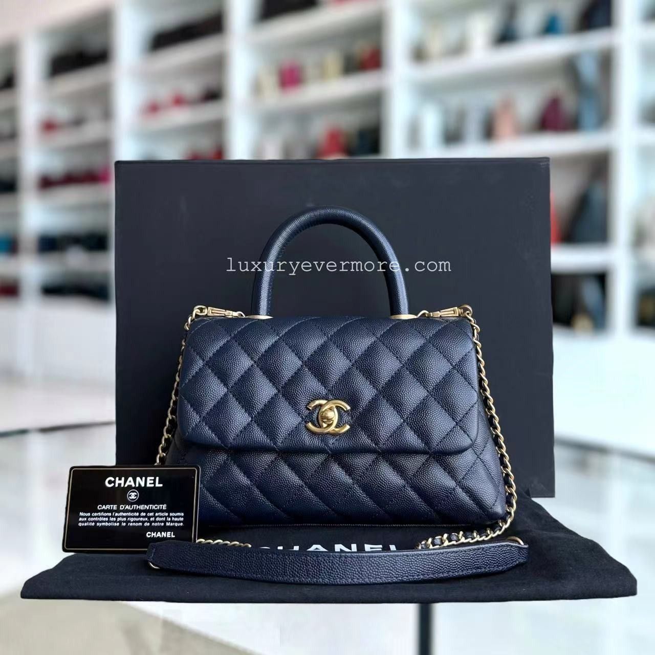 Chanel Coco Handle Small 24CM Caviar Quilted Navy Dark Blue Gold Hardware Series 27 Luxury Bags Wallets on Carousell
