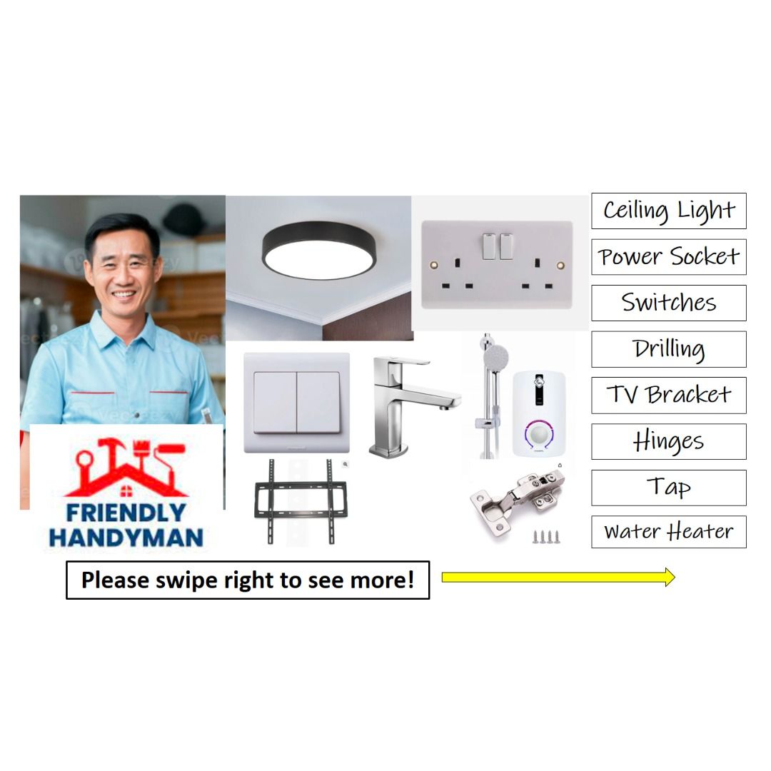 Handyman electrical install installation painting plumber electrician LED fix repair replace remove assemble change mount hinge drill screw hole TV bracket ceiling light switch leak sink choke heater water tap drilling service power point socket trip (Category: Electrician Services) located in Singapore. Submitted by thefriendlyhandyman (Listing ID 1294519140, Image 1). Description: ⭐Hello! Apologies I will not be able to respond quickly during d