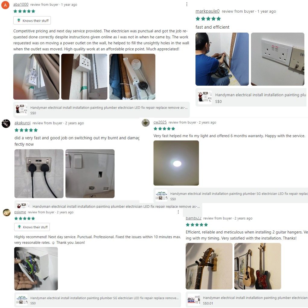 Handyman electrical install installation painting plumber SG electrician LED fix repair replace remove assemble change mount hinge drill screw hole TV bracket ceiling light switch leak sink choke heater water tap drilling service power point socket trip (Category: Handyman and Drilling Services) located in Singapore. Submitted by thefriendlyhandyman (Listing ID 1250515804, Image 3). Description: ⭐Hello! Apologies I will not be able to respond qui