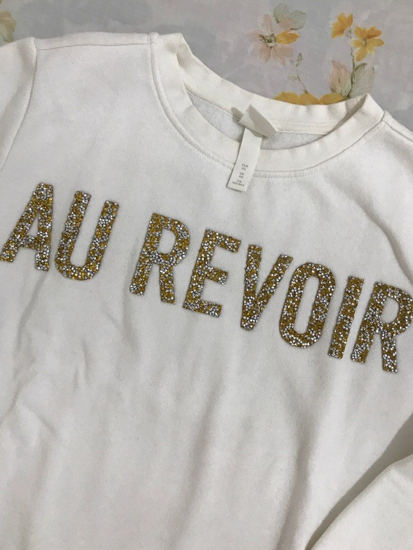 H M Sweatshirt Au Revoir White size XS Fesyen Wanita Pakaian Wanita Atasan di Carousell