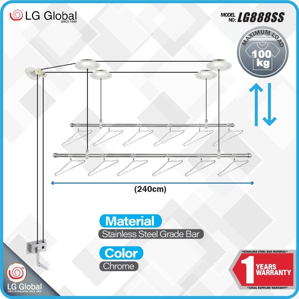 LG888SS 240cm Ceiling Clothes Drying Rack 2 Bars Drying Rack Hanger Furniture Home Living Bathroom Kitchen Fixtures on Carousell