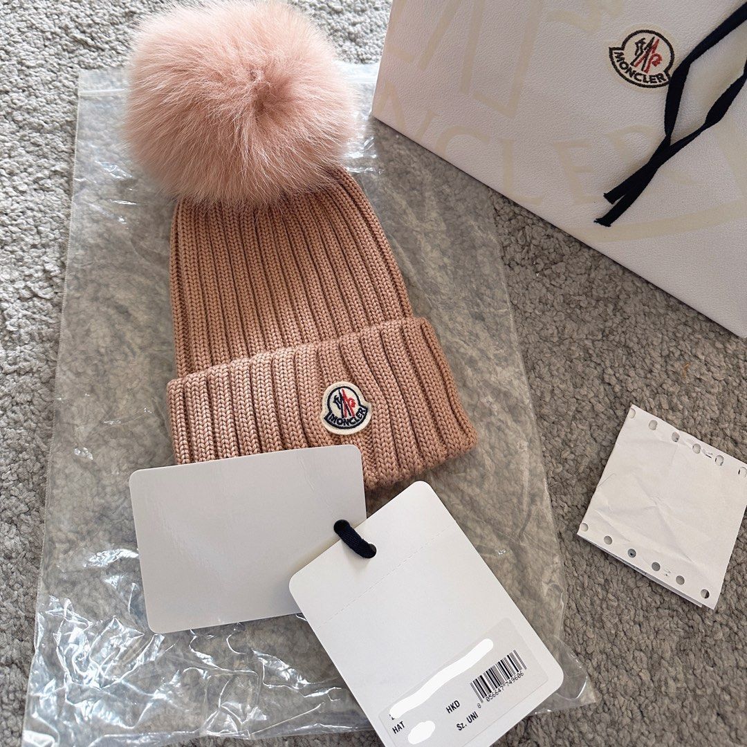 Moncler Beanie logo patch Pom Pom pink Hat Knitted Pink Beanie Fur Hat Carousell