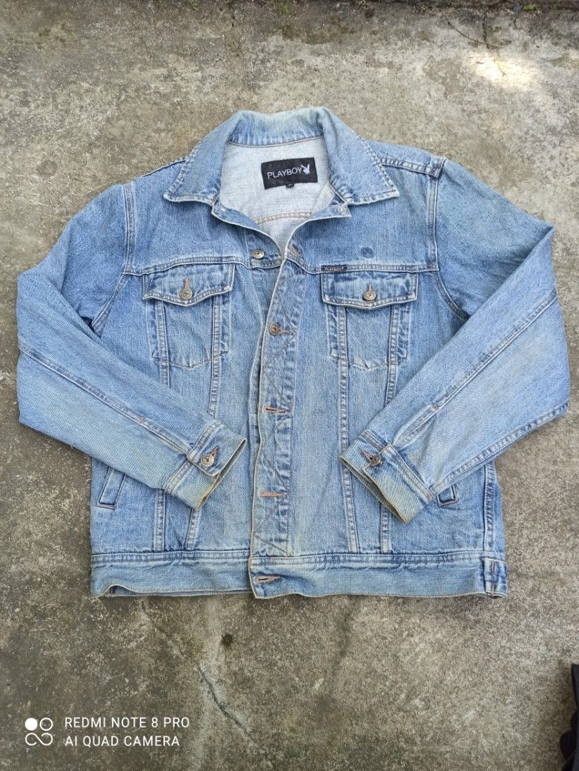 Playboy, blue denim jeans jacket (Category: Coats, Jackets and Outerwear) located in San Jose. Submitted by jdthriftflips (Listing ID 1335573502, Image 1). Description: w22 L25.5 color rate: 9/10 +sf price negotiable issue: minimal to none just check the pictures description: complete button, great design, just dm mi for more info.