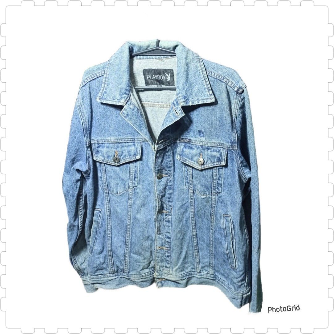 Playboy, blue denim jeans jacket (Category: Coats, Jackets and Outerwear) located in San Jose. Submitted by jdthriftflips (Listing ID 1335573502, Image 3). Description: w22 L25.5 color rate: 9/10 +sf price negotiable issue: minimal to none just check the pictures description: complete button, great design, just dm mi for more info.