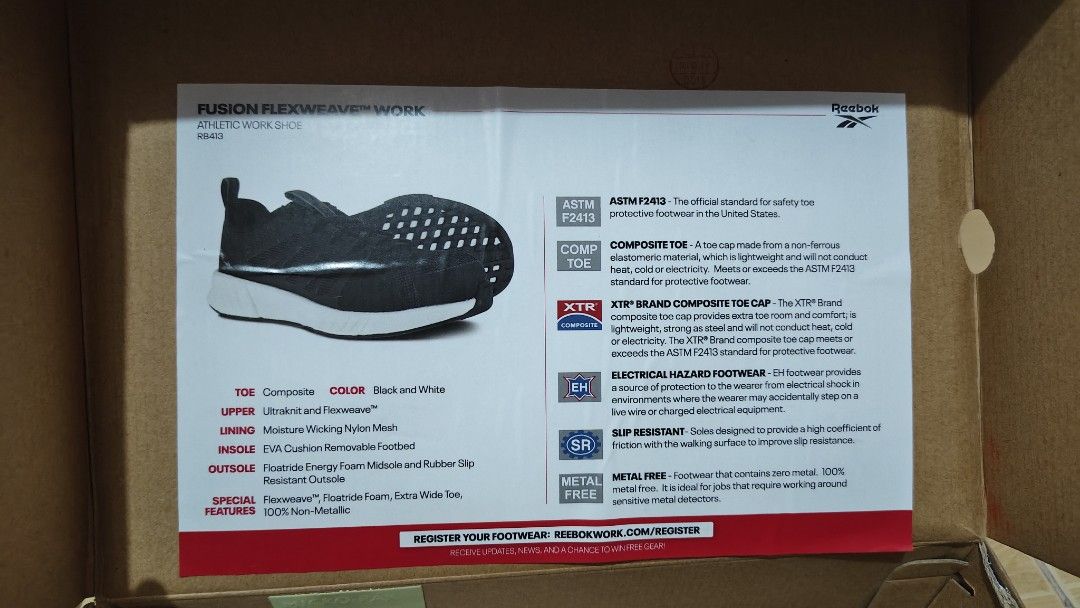 Reebok Athletic Work Shoe Size 8.5M (Category: Sneakers) located in Las Pinas. Submitted by lodss91453 (Listing ID 1335516355, Image 2). Description: Fusion Flexweave Work Athletic work shoe RB413 Size 8.5M.