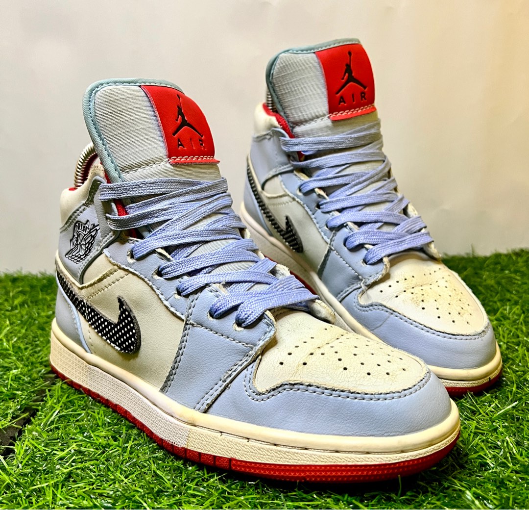 AIR JORDAN 1 MID HALF BLUE POLKA DOT SWOOSH Women s Fashion Footwear Sneakers on Carousell