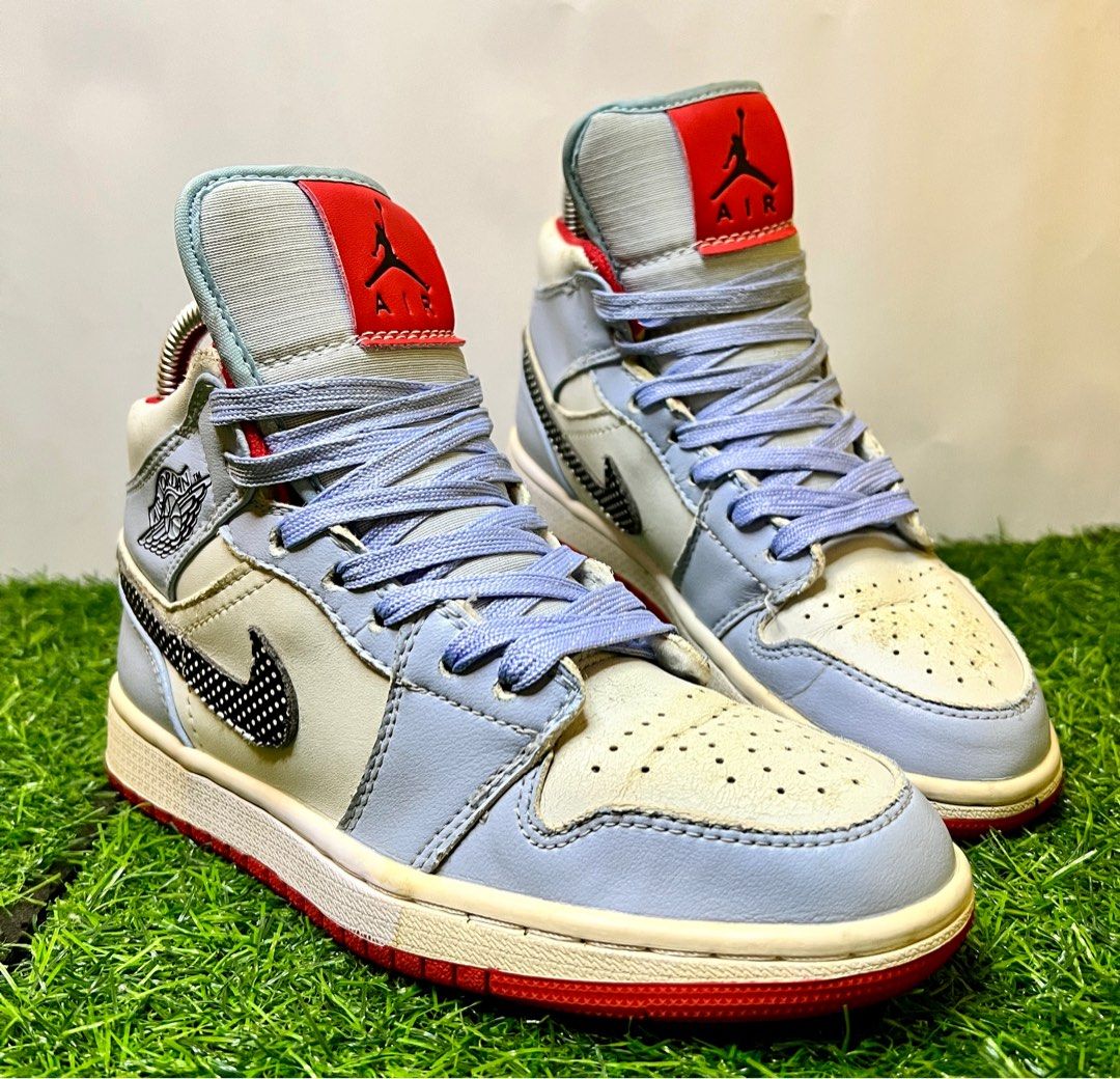Half blue half red jordans cheap