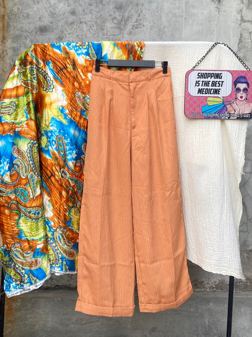Celana panjang trouser orange muda salue garis murah thrift basic polos ...