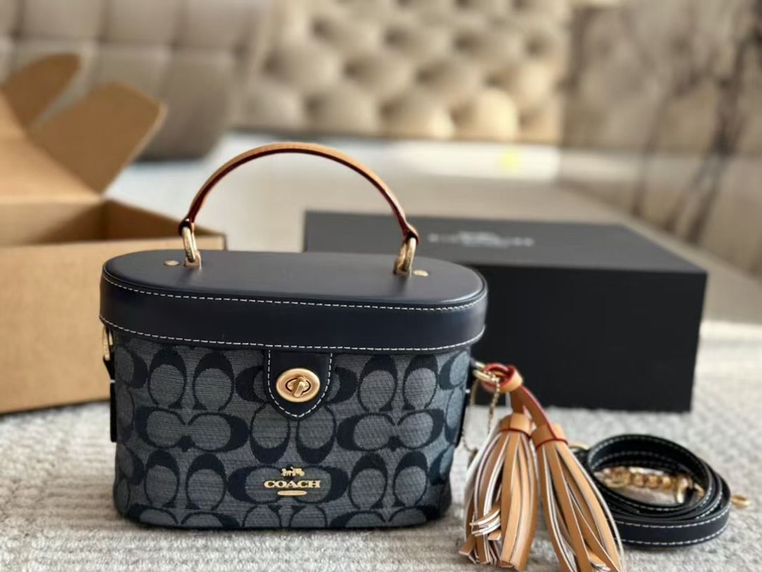 Coach Kay 20 經典老花Chambray滿印手提單肩斜挎包小號女款牛仔藍色