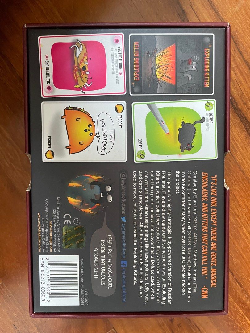 Exploding Kittens (Category: Board Games & Puzzles) located in Singapore. Submitted by seanfafa (Listing ID 1335724737, Image 2). Description: Includes 3 expansions and fan made expansions Comes sleeved.