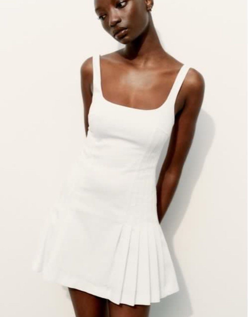 open lace back dress Zara Square Neckline Box Pleated Dress