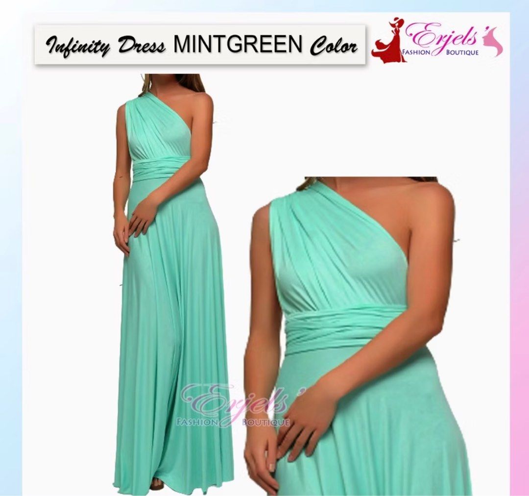 INFINITY DRESS MINT GREEN (Category: Evening dresses & gowns) located in Bulacan. Submitted by declutterwithjcl_ (Listing ID 1335725759, Image 1). Description: Used once Free size - 24” to 34” waistline Cotton Spandex 42” fron waistlong (floor length).