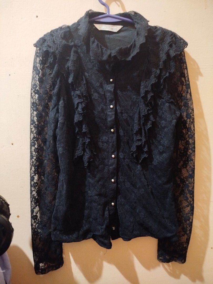 Ouji Top Black Ruffles Mesh Sleeves (Category: Blouses) located in Baguio. Submitted by j.chsn (Listing ID 1335612670, Image 1). Description: Can be used as an Ouji top! See through mesh sleeves. Fits S-M.