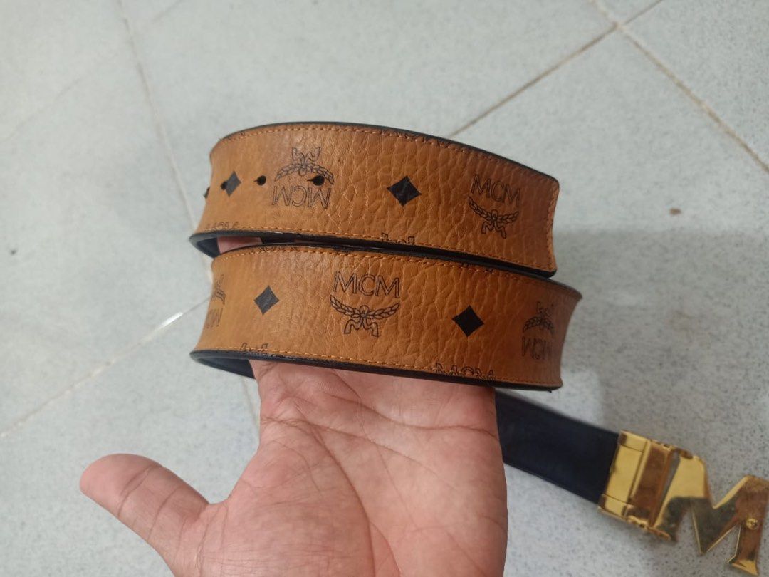 小物 MCM Mens Claus Cognac Leather Belt MCM Claus Reversible Belt - Cognac, Gold Buckle, Adjustable