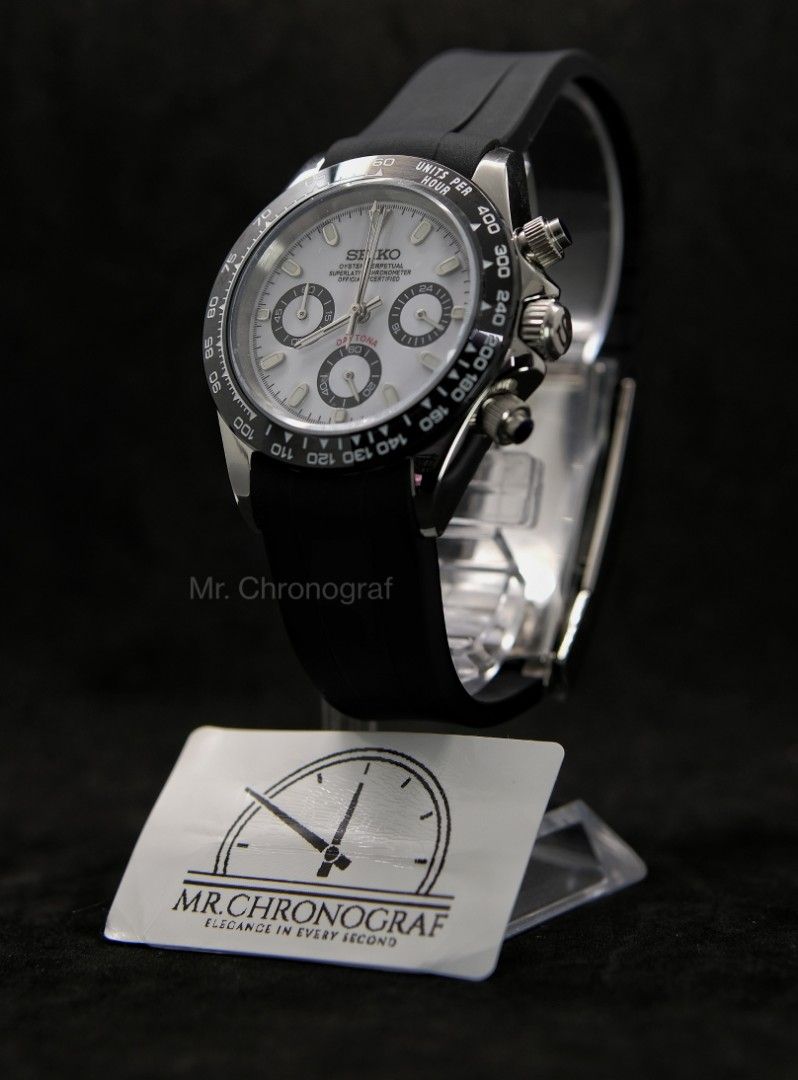 Seiko Mod Daytona Panda on Oysterflex Rubber Strap (Category: Luxury Watches) located in Manila. Submitted by rafael_lesaguis (Listing ID 1335754274, Image 2). Description: BRANDNEW! Seiko Mod Daytona Panda on Oysterflex Rubber Strap Movement: Seiko VK63 Mecha-Quartz Chronograph with working subdials Case and Strap: 39mm 904L Stainless Oysterflex Rubber Strap Dial: Seiko logo/Daytona Dial Glass: Sapphire scratch resistant Hands: Daytona Dial Seal