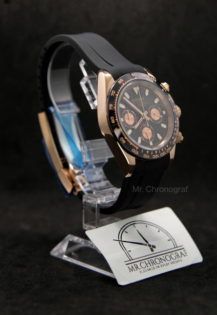 Seiko Mod Daytona RoseGold (Category: Luxury Watches) located in Manila. Submitted by rafael_lesaguis (Listing ID 1335753540, Image 3). Description: BRANDNEW! Seiko Mod Daytona RoseGold Movement: Seiko VK63 Mecha-Quartz Chronograph with working subdials Case and Strap: 39mm 904L Stainless Oysterflex Rubber RG Clasp Dial: Seiko logo/Daytona Dial Glass: Sapphire scratch resistant Hands: Daytona Dial Seals and gaskets lubricated Inclusions: Watch, E