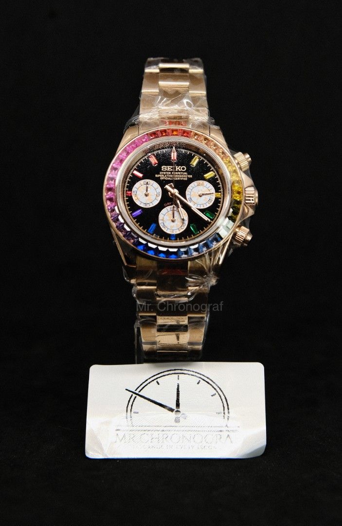 Seiko Mod Daytona RoseGold Rainbow V2 (Category: Luxury Watches) located in Manila. Submitted by rafael_lesaguis (Listing ID 1335701643, Image 1). Description: BRANDNEW PRE ORDER Seiko Mod Daytona RoseGold Rainbow Version 2 Movement: Seiko VK63 Mecha-Quartz Chronograph with working subdials Case and Strap: 39mm 904L Stainless Oyster RG Strap Dial: Seiko logo/Daytona Dial Glass: Sapphire scratch resistant Hands: Daytona Dial Seals and gaskets lubr