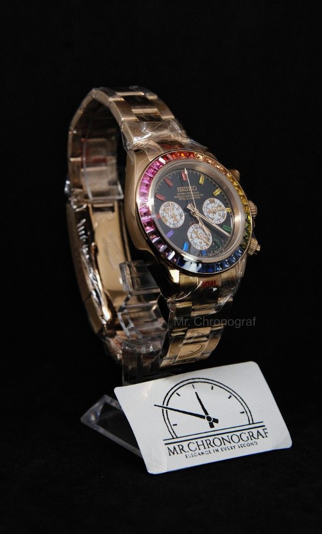 Seiko Mod Daytona RoseGold Rainbow V2 (Category: Luxury Watches) located in Manila. Submitted by rafael_lesaguis (Listing ID 1335701643, Image 2). Description: BRANDNEW PRE ORDER Seiko Mod Daytona RoseGold Rainbow Version 2 Movement: Seiko VK63 Mecha-Quartz Chronograph with working subdials Case and Strap: 39mm 904L Stainless Oyster RG Strap Dial: Seiko logo/Daytona Dial Glass: Sapphire scratch resistant Hands: Daytona Dial Seals and gaskets lubr