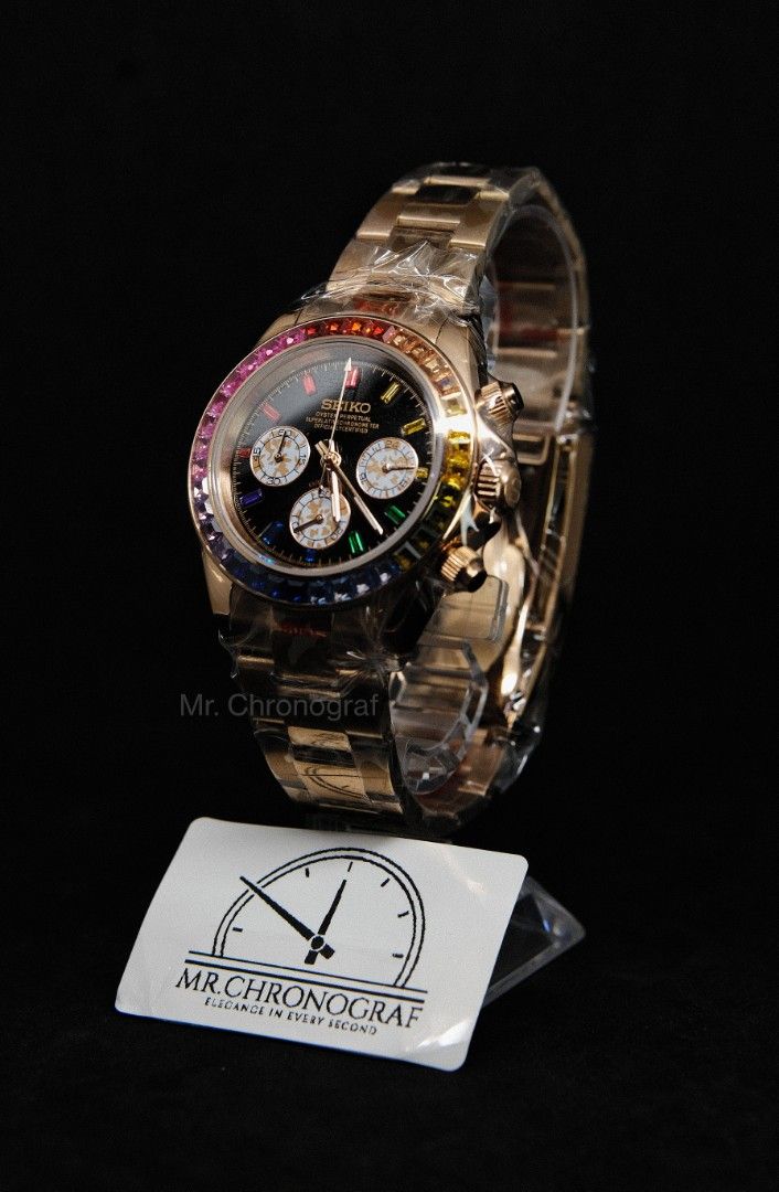 Seiko Mod Daytona RoseGold Rainbow V2 (Category: Luxury Watches) located in Manila. Submitted by rafael_lesaguis (Listing ID 1335701643, Image 3). Description: BRANDNEW PRE ORDER Seiko Mod Daytona RoseGold Rainbow Version 2 Movement: Seiko VK63 Mecha-Quartz Chronograph with working subdials Case and Strap: 39mm 904L Stainless Oyster RG Strap Dial: Seiko logo/Daytona Dial Glass: Sapphire scratch resistant Hands: Daytona Dial Seals and gaskets lubr