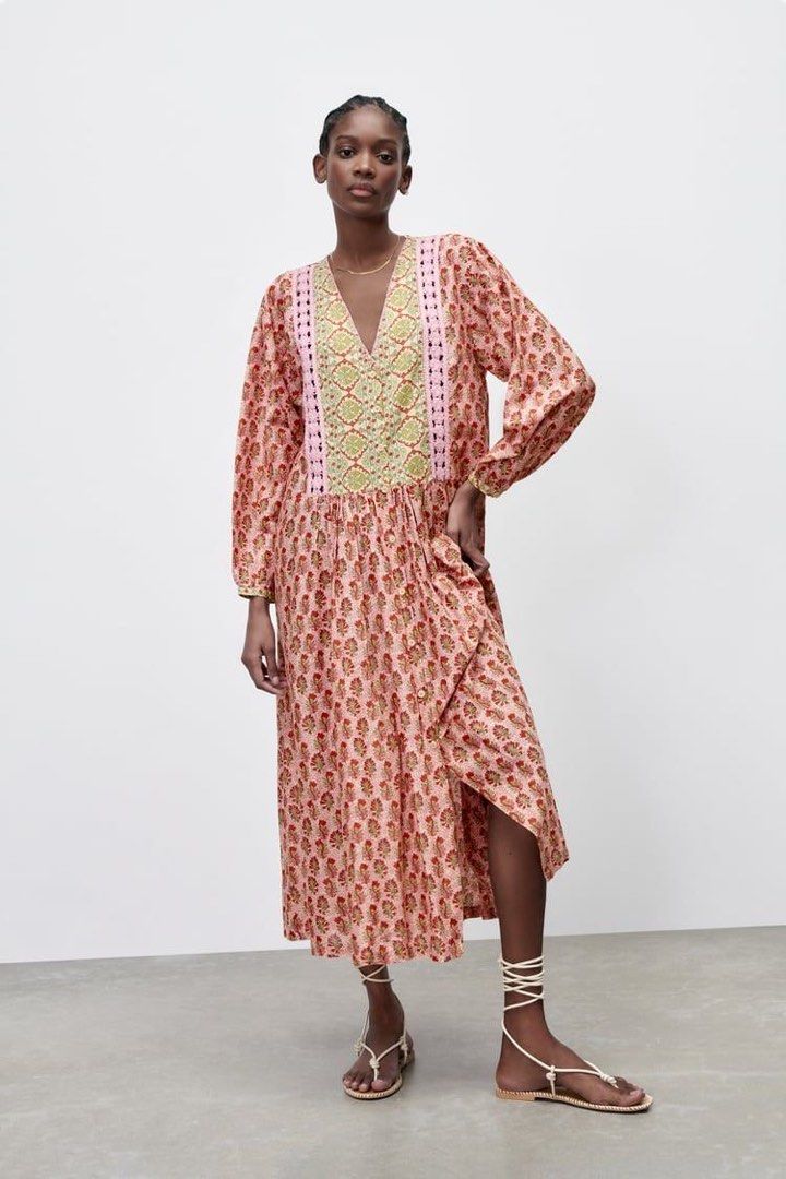 ZARA Crochet Trim Printed Bohemian Maxi Dress, Women's Fashion, Dresses &  Sets, Dresses on Carousell