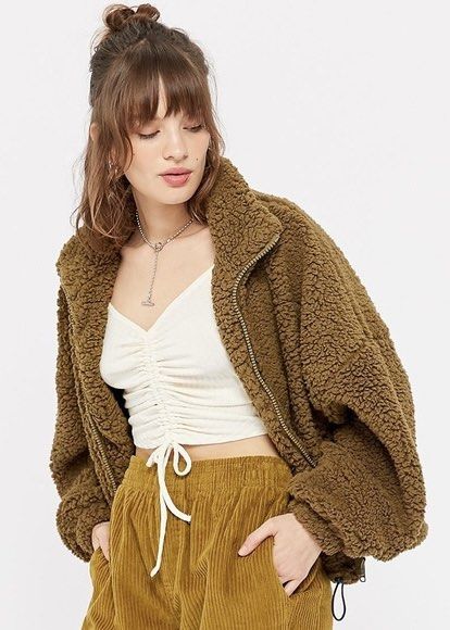 BNWT UO BDG Willow Fuzzy Fleece Drawstring Teddy Jacket in Olive S Women s Fashion Coats Jackets and Outerwear on Carousell