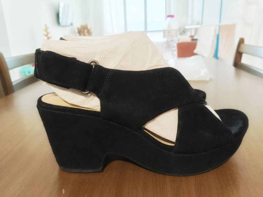 CLARKS Maritsa Lara Black Suede Leather Platform Wedges Shoes