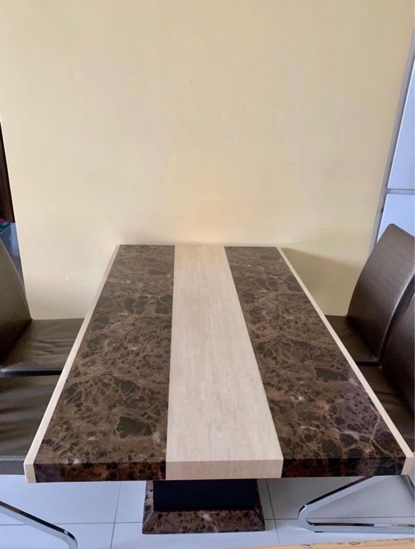 Dining Table Set (Category: Tables & Sets) located in Singapore. Submitted by snowstream (Listing ID 1335808266, Image 2). Description: Dining table and 4 chairs Dimension of table: 1.4m x 0.86m Marbled top Pls arrange your own pickup and delivery..