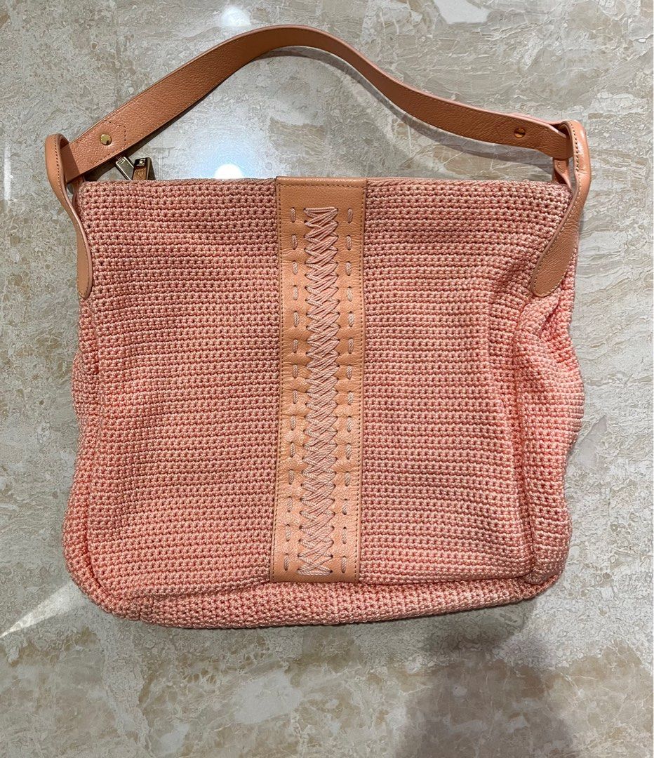 dowa tote bag crochet and leather in peach and brown in good condition tas salem local brand