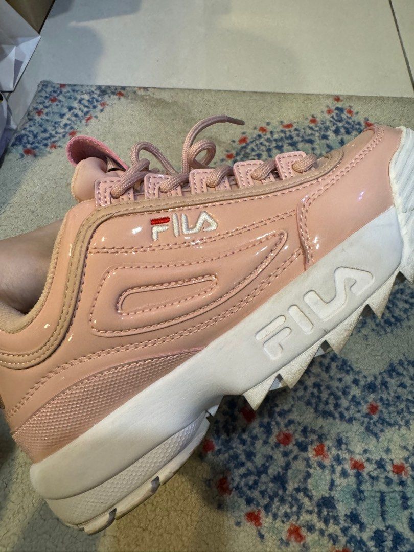 Pink glossy fila shoes deals