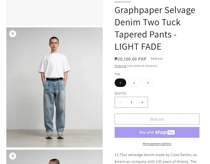 Graphpaper Selvage Denim Two Tuck Tapered Pants 34 actual, Men's ...