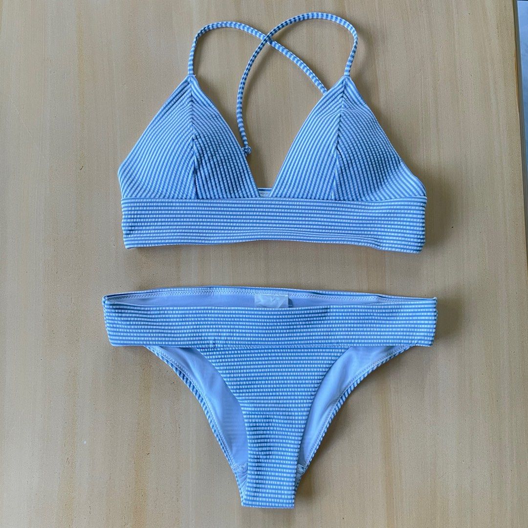 H M Light Blue White stripes two piece swimsuit set Women s Fashion Swimwear Bikinis Swimsuits on Carousell