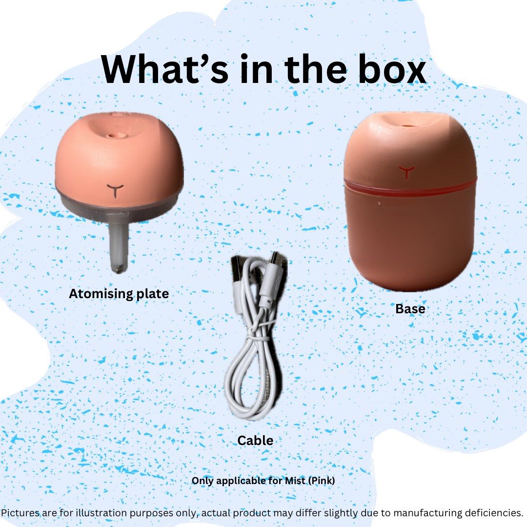 Mist Diffuser (Category: Air Purifiers & Dehumidifiers) located in Singapore. Submitted by ilikeemoney (Listing ID 1335953578, Image 8). Description: Portable 220ml desktop humidifier Charging cable: Mini USB Colours: White, Pink READ BEFORE PURCHASE: The manufacturer and distributor are not liable for any damages, injuries, or losses resulting from misuse, improper installation, or maintenance of this product. By using this product, you assume a
