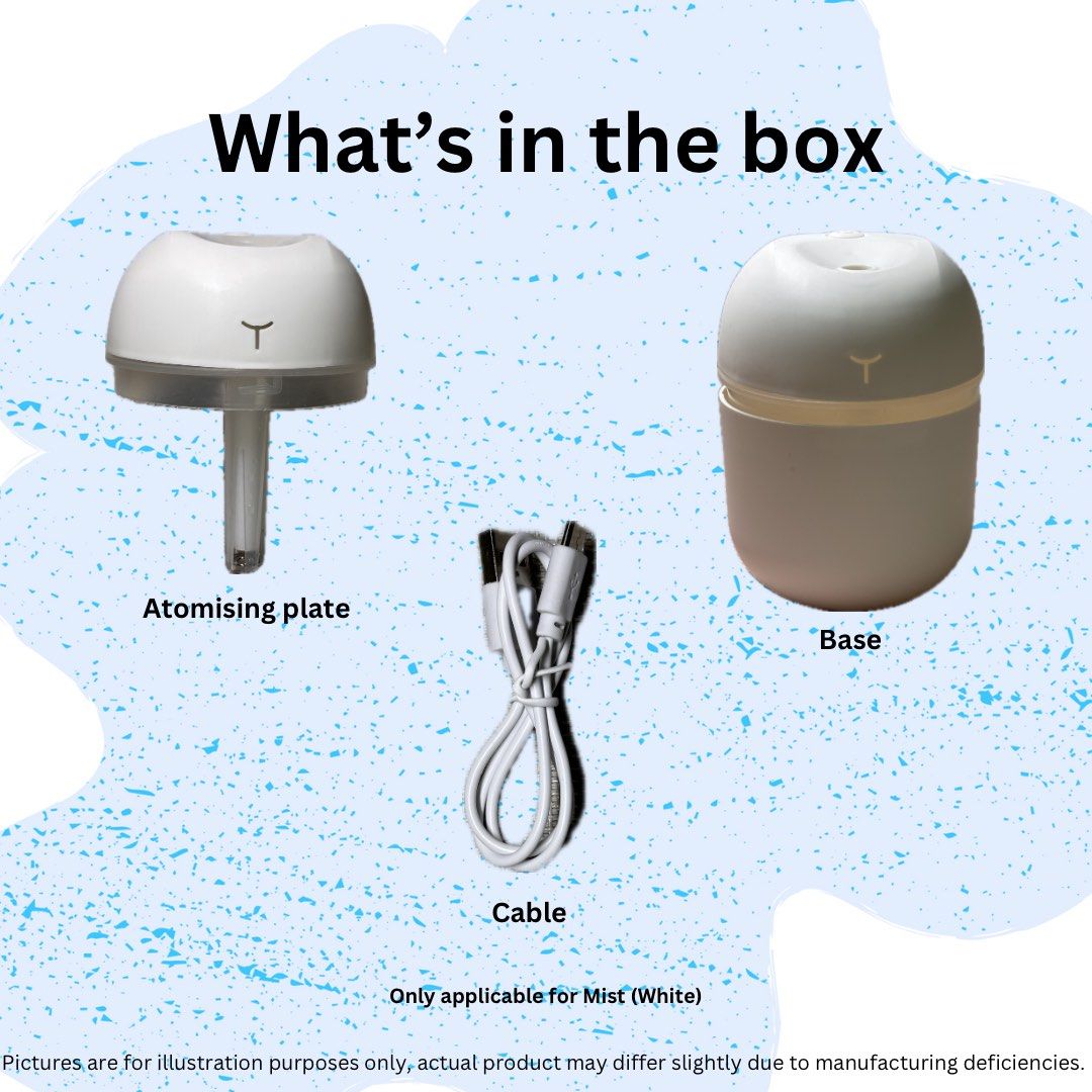 Mist Diffuser (Category: Air Purifiers & Dehumidifiers) located in Singapore. Submitted by ilikeemoney (Listing ID 1335953578, Image 7). Description: Portable 220ml desktop humidifier Charging cable: Mini USB Colours: White, Pink READ BEFORE PURCHASE: The manufacturer and distributor are not liable for any damages, injuries, or losses resulting from misuse, improper installation, or maintenance of this product. By using this product, you assume a