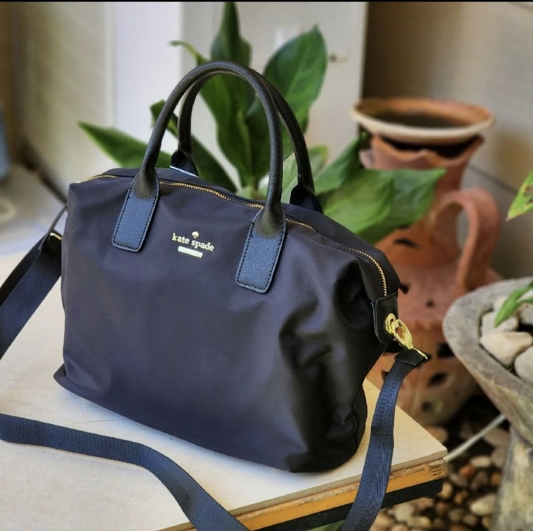 Kate Spade Lyla Classic Slouchy Bag in Plain Black Nylon and Leather Trim Ladies Bag with Detachable Strap