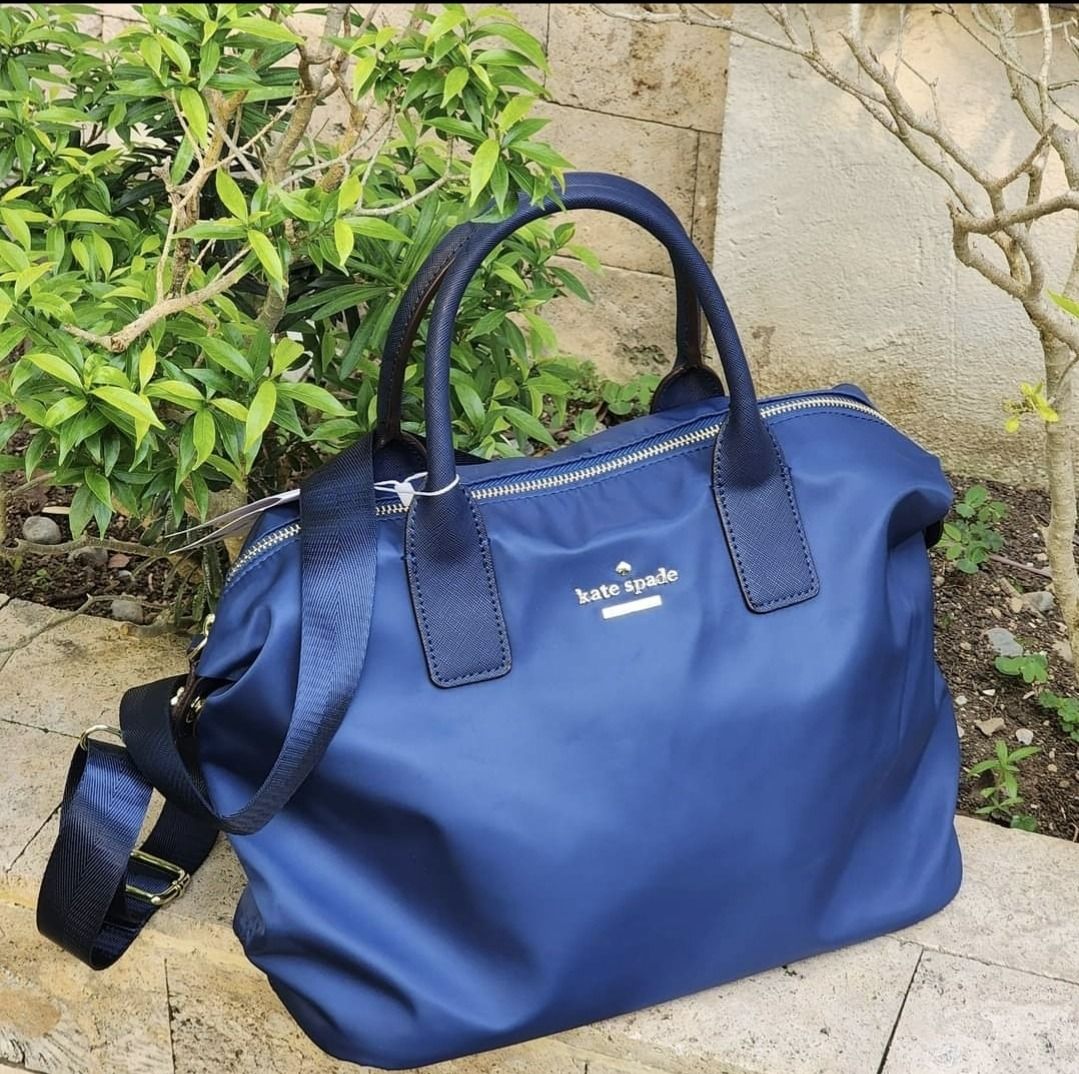 Kate Spade Lyla Classic Slouchy Bag in Plain Blue Nylon and Leather Trim Ladies Bag with Detachable Strap