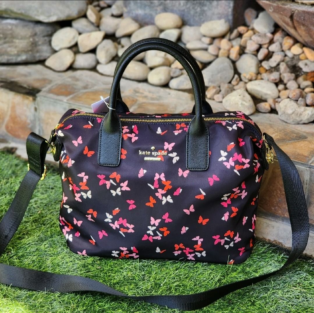 Kate Spade Lyla Classic Slouchy Bag in Black Nylon with Multicolor Butterfly Print and Leather Trim Ladies Bag with Detachable Strap