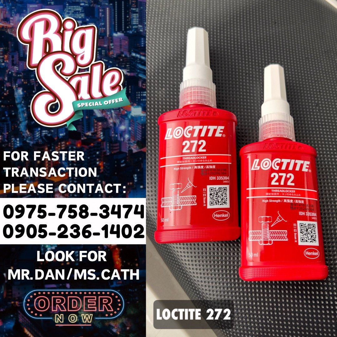 Loctite 272 (Category: Construction Tools & Equipment) located in Manila. Submitted by imdanpaolo10 (Listing ID 1335858178, Image 1). Description: FLASH SALE!! Loctite 272 For faster transaction please look for Mr. Dan/Ms. Cath OPEN FOR DELIVERY! Mode of payments •Bank Transfer •Gcash •Cash MESSAGE US NOW!.