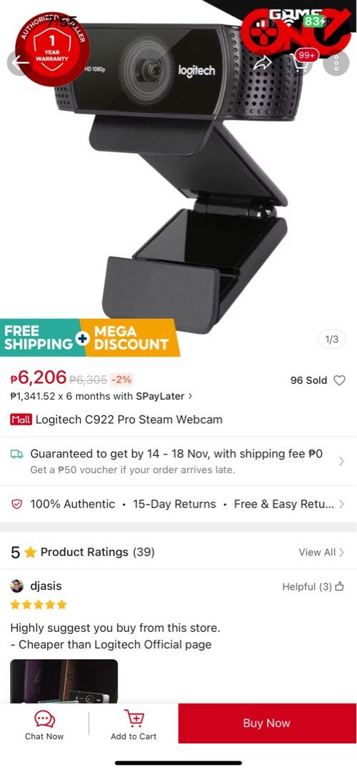 Logitech c922 pro webcam for pc/computer (Category: Webcams) located in Quezon City. Submitted by adarpgaming (Listing ID 1335904884, Image 1). Description: With free streaming software XSplit 9/10 condition Negotiable price Hindi na masyado nagamit since stop na po sa pag stream Super linaw po lalo na pag maliwanag ang room Quezon city location With box pa po hanapin ko lang.