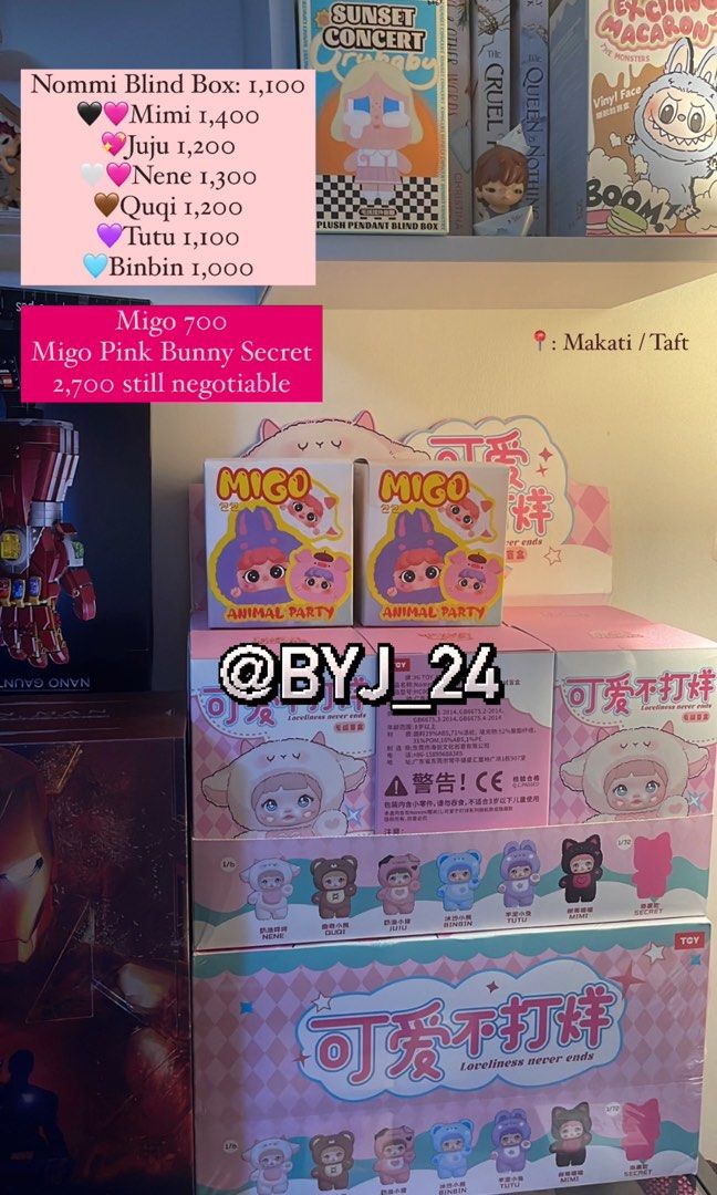 Nommi V1 and Migo (Category: Designer & Blind Box Toys) located in Taguig. Submitted by jac_declutters (Listing ID 1335954148, Image 1). Description: 💖ONHAND 💖101% Authentic/legit/original 📍𝐋𝐎𝐂: Makati/Taft (Can meet up in Taft or Malls/cafes near Ayala makati) 💰𝐌𝐎𝐏: Payo 🛵𝐌𝐎𝐃: SDD or buyer’s chosen courier 🖤🩷Mimi 1,400 💖Juju 1,200 🤍🩷Nene 1,300 🤎Quqi 1,200 💜Tutu 1,000 🩵Binbin 1,000.