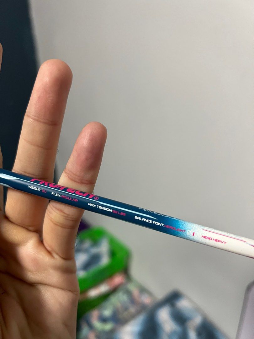 Protech racket (Category: Racket & Ball Sports) located in Kuala Lumpur. Submitted by preloveditemkl (Listing ID 1335858377, Image 3). Description: Liked new. Bought for RM199. 3u. String tension 27. Bg66 ultimax. Power for smashing .