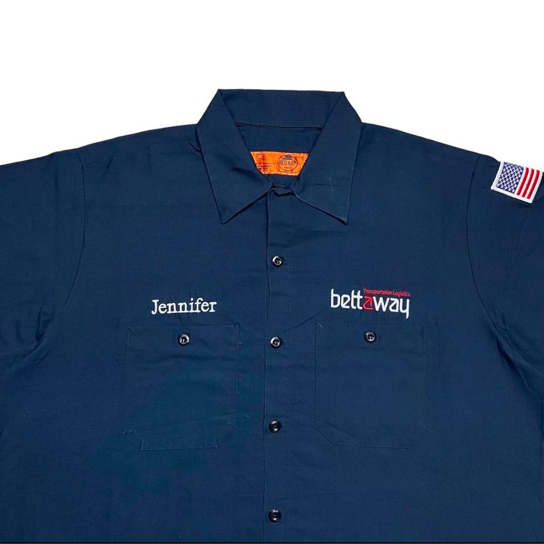 Red Kap Boxy Button Up Navy Cropped Short Sleeve Shirt, Fesyen