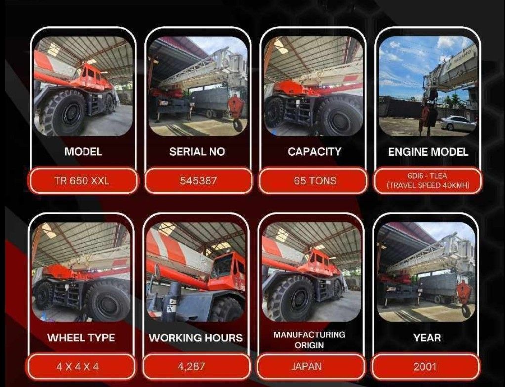 Tadano 65 tons rough terrain crane (Category: Construction & Building Materials) located in Makati City. Submitted by ztak13 (Listing ID 1335834234, Image 3). Description: tadano 65tons rough terrain crane Japan Surplus 4+++ running hours Contact no. 09175699818.
