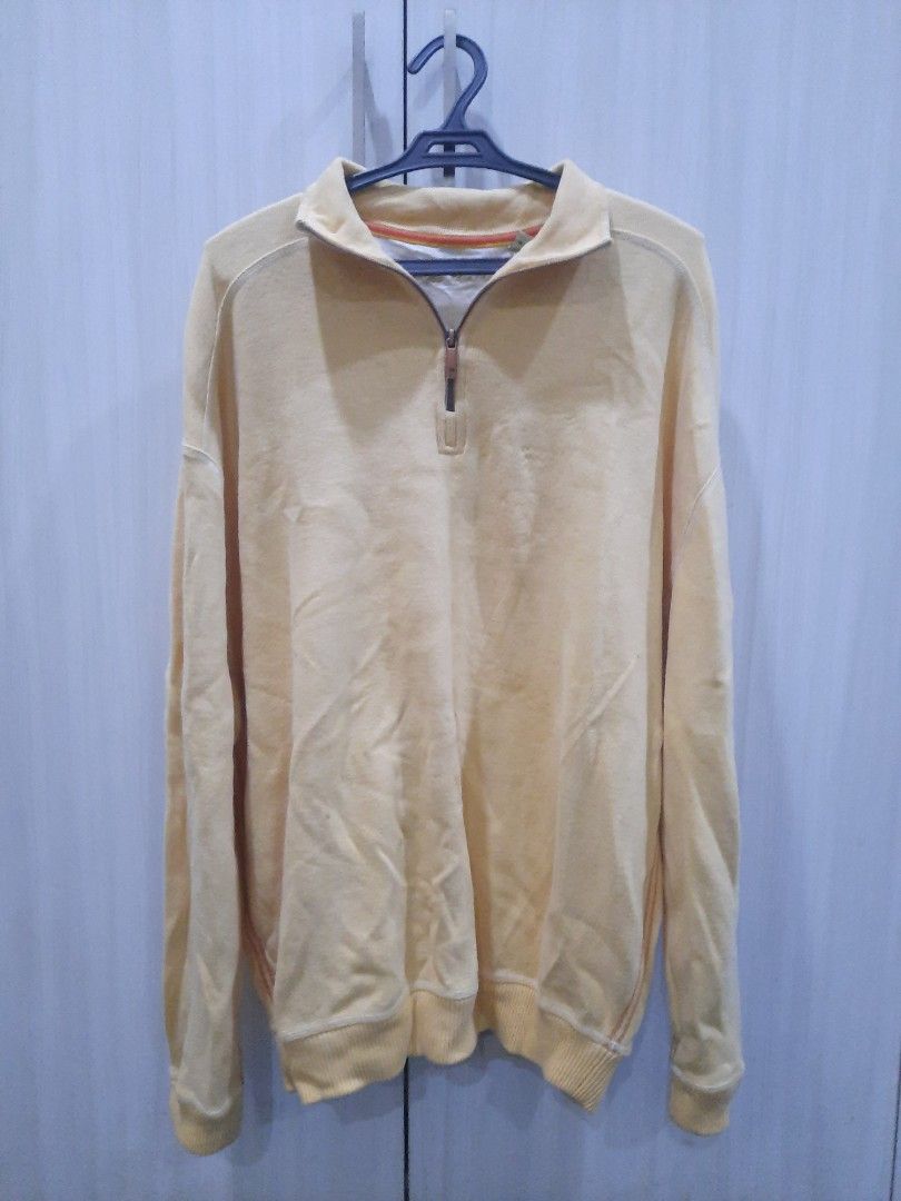 Yellow Tommy Bahama quarter zip (Category: Coats, Jackets and Outerwear) located in Marikina City. Submitted by phorts (Listing ID 1335885034, Image 2). Description: L on tag, fits up to XL 30L x 22.5W thick material issues: has some flaws on the collar area, lots of small dirts on the lower part (hasn't been used in a long time).