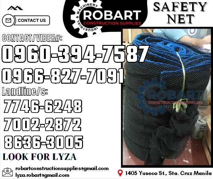 Black Safety Net (Category: Construction Tools & Equipment) located in Manila. Submitted by lyzarobart11 (Listing ID 1335997322, Image 1). Description: Safety Net Size: 2m x 90mtrs Color: Black 𝑹𝑶𝑩𝑨𝑹𝑻 𝑪𝑶𝑵𝑺𝑻𝑹𝑼𝑪𝑻𝑰𝑶𝑵 𝑺𝑼𝑷𝑷𝑳𝑰𝑬𝑺 𝒪𝒻𝒻𝒾𝒸𝑒 𝒜𝒹𝒹𝓇𝑒𝓈𝓈: 𝟣𝟦𝟢𝟧 𝒴𝓊𝓈𝑒𝒸𝑜 𝒮𝓉. 𝒮𝓉𝒶 𝒞𝓇𝓊𝓏 𝑀𝒶𝓃𝒾𝓁𝒶 ꜱᴇɴᴅ ᴜꜱ ᴍᴇꜱꜱᴀɢᴇ ꜰᴏʀ ɪɴQᴜɪʀɪᴇꜱ ‼️ ‼️ ɢʟᴏʙᴇ: (0966-827-7091) ꜱᴍʀᴛ - (0960-394-7587) ᴠɪʙʀ - (0960-394-7587) ʟᴀɴᴅʟɪɴᴇ: 