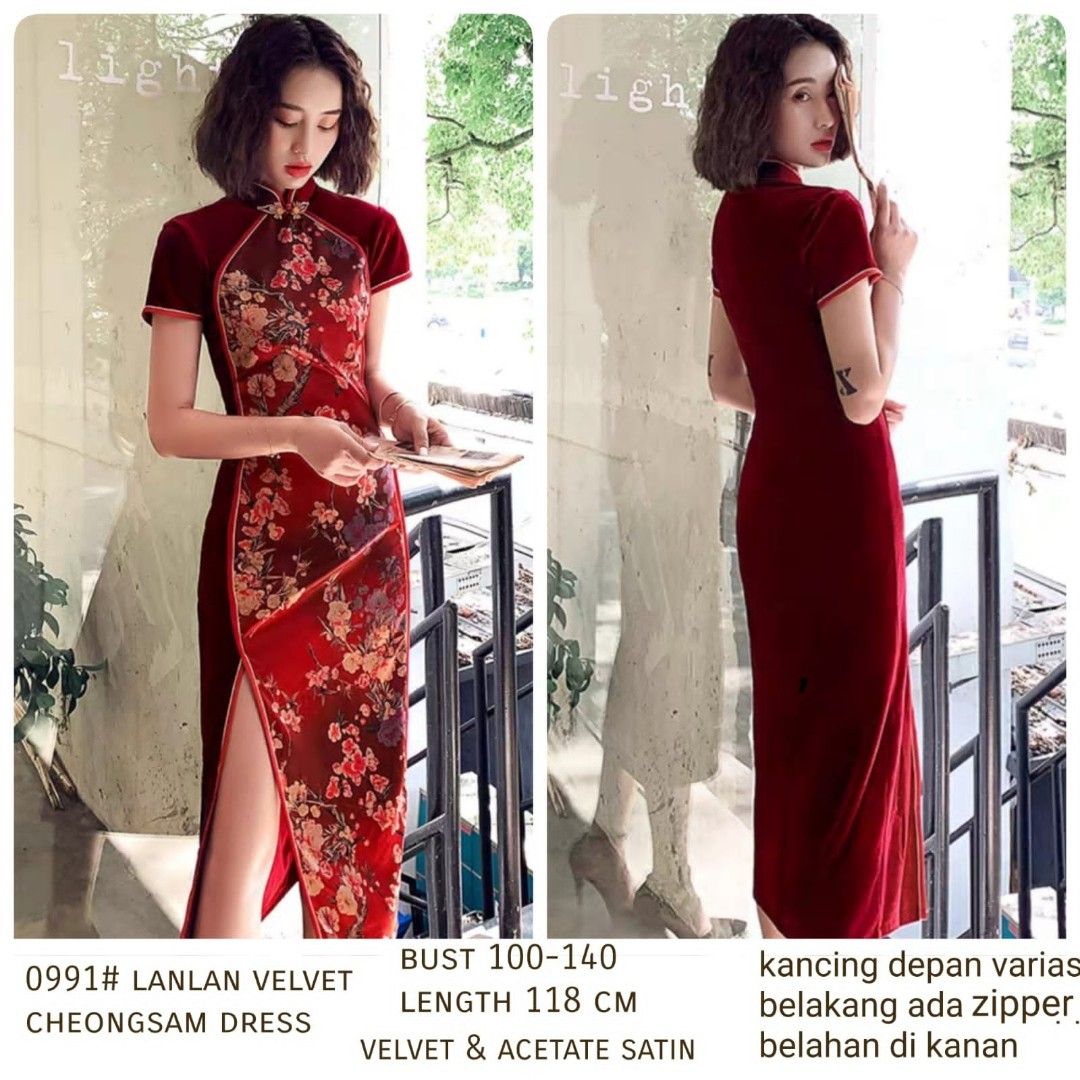 ec CNY lanlan Velvet cheongsam dress Import l atasan fashion baju cina  dress imlek dress natal wanita
