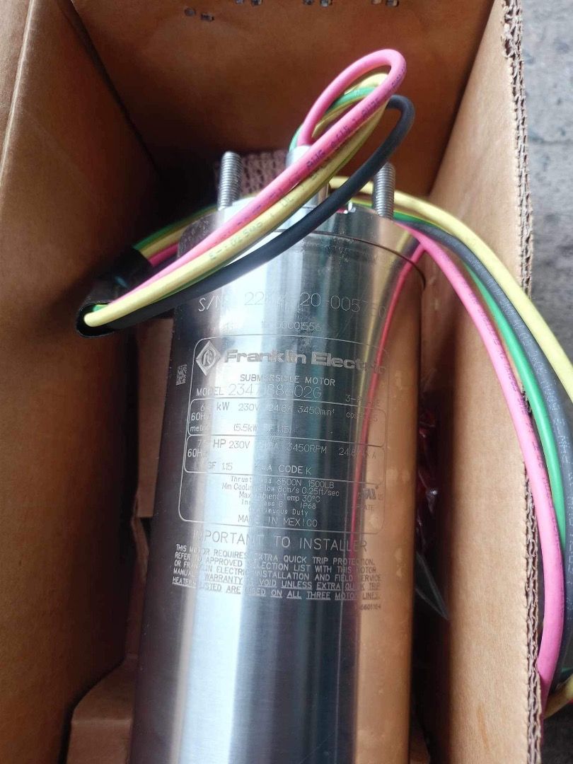 FRANKLIN MOTOR w/ GOULDS SUBMERSIBLE PUMP (Category: Construction Tools & Equipment) located in Caloocan City. Submitted by joven_hayai (Listing ID 1336022875, Image 3). Description: Item: Franklin Motor w/ Goulds Submersible Pump Specs: 7.5hp, 3ph, 230V, 60hz, 3450rpm & 4" diameter w/ 45gs75 2" discharge diameter HAYAI INDUSTRIAL TOOLS SUPPLY 📍Pin loc: Hayai Industrial Tools Supply 2384 Isagani Street, Sta. Cruz, Manila At Hayai Industrial Tool