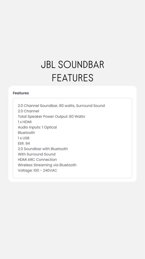 JBL SOUNDBAR 2.0 (Category: Soundbars, Speakers & Amplifiers) located in Pasay City. Submitted by thriftbarbie_ (Listing ID 1336027449, Image 2). Description: 🔈Selling for: ₽5000 🔈Original price: P6499 🔈Bought from Abenson last September 2023 🔈Halos hindi nagamit 🔸With box and original cables 🔸Shipping and delivery shouldered by buyer 🔸RSF: hindi ginagamit 📍Talon Dos, Las Piñas .