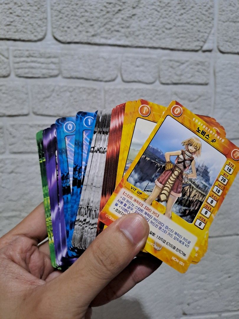 Ragnarok Cards from Korea (no duplicate) (Category: Raw Singles) located in Manila. Submitted by alben_stuff (Listing ID 1336020796, Image 1). Description: yellow cards 1 to 8, red cards 11, 13, 15, 17 - 27 black cards 29, 31, 33 - 38, 40, 42 - 45, 47 - 48, 50 - 56 blue cards 58 - 65, 67 - 69, 71 - 78 violet cards 79 - 82, 84 green cards 85 - 87, 89 - 90 74 pcs for 500 pesos.