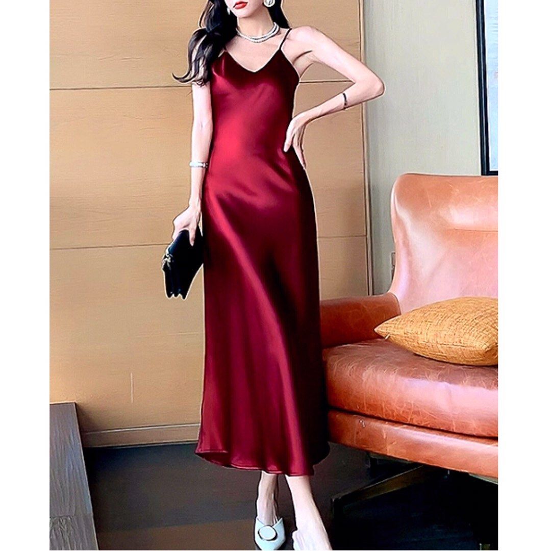 RED DRESS SATIN SILK/OVERALL DRESS/DRESS MAROON/DRESS SATIN SILK/DRESS  PESTA/DRESS PARTY/GAUN/DRESS SEXY/LONGDRESS/DRESS SILKY/DRESS KOREAN/DRESS 