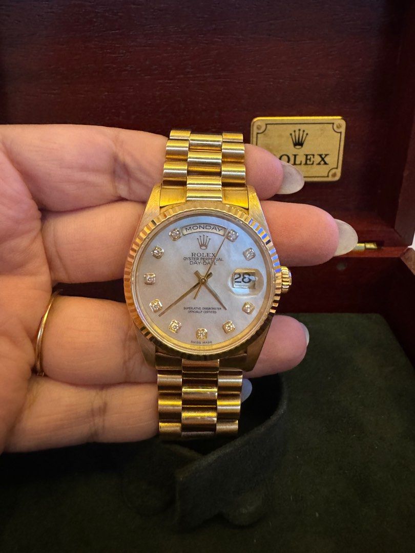 Rolex Presidential Day Date 36 Yellow Gold Mother of Pearl Face Diamond Dial Luxury Watches on Carousell